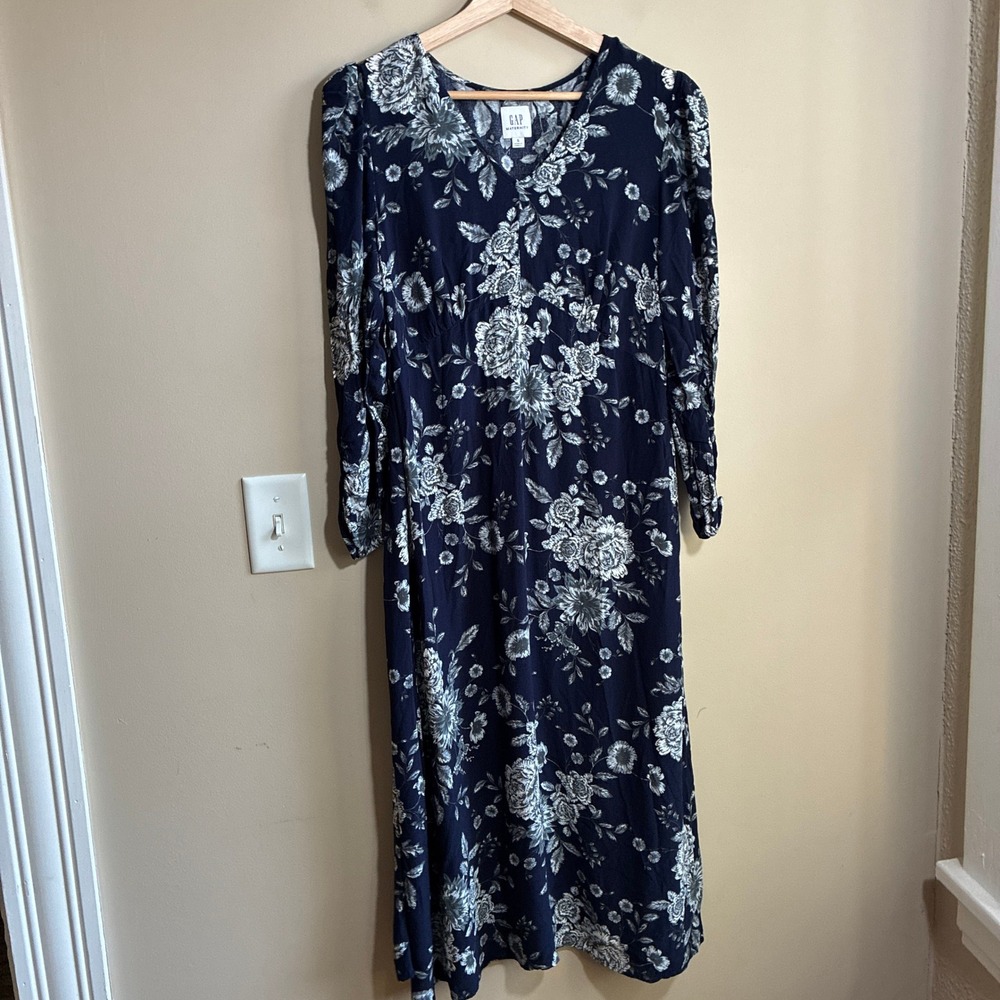Gap Maternity Floral Midi Dress S Navy Blue Women Rayon Long Sleeve